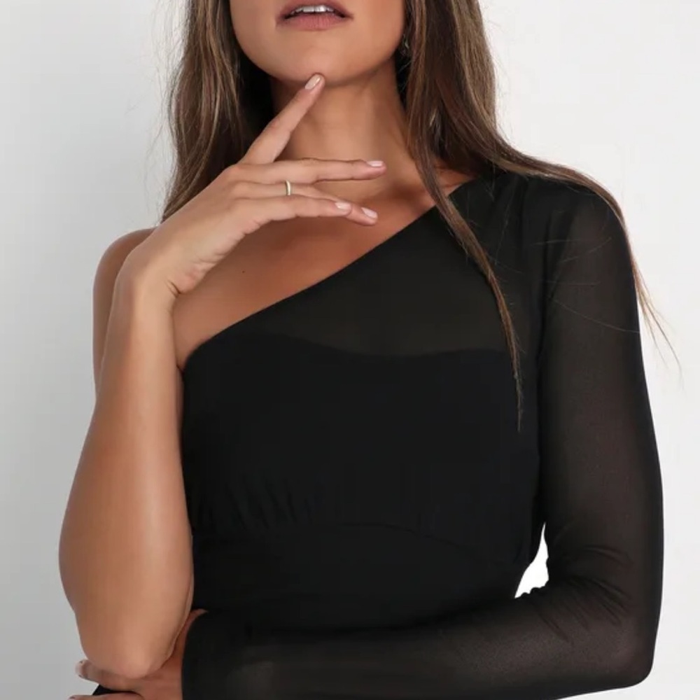 Lulus Stunning Essence Black Mesh One-shoulder Mermaid Maxi Dress - Size L - Picture 3 of 4